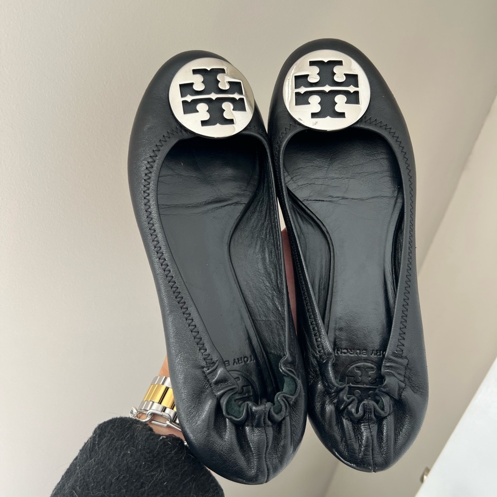 Tory Burch Black Flats with Silver Logo